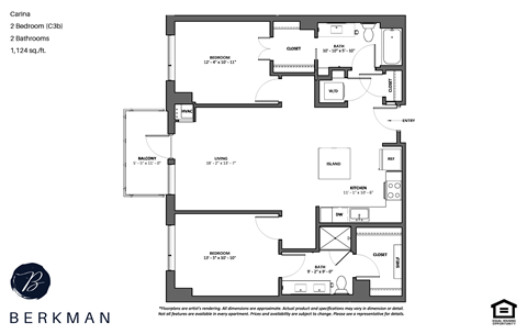 Floor plan for 2 beds, 2 baths, 1124 sqft